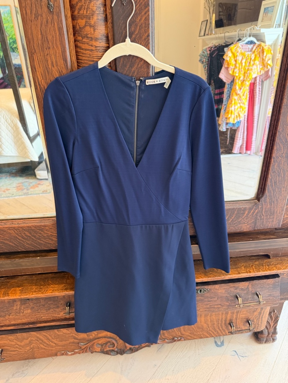 Alice + Olivia Navy Long-Sleeve Faux Wrap Mini Dress